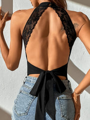 Lace Tie Back Bodysuit Halter Neck Sleeveless
