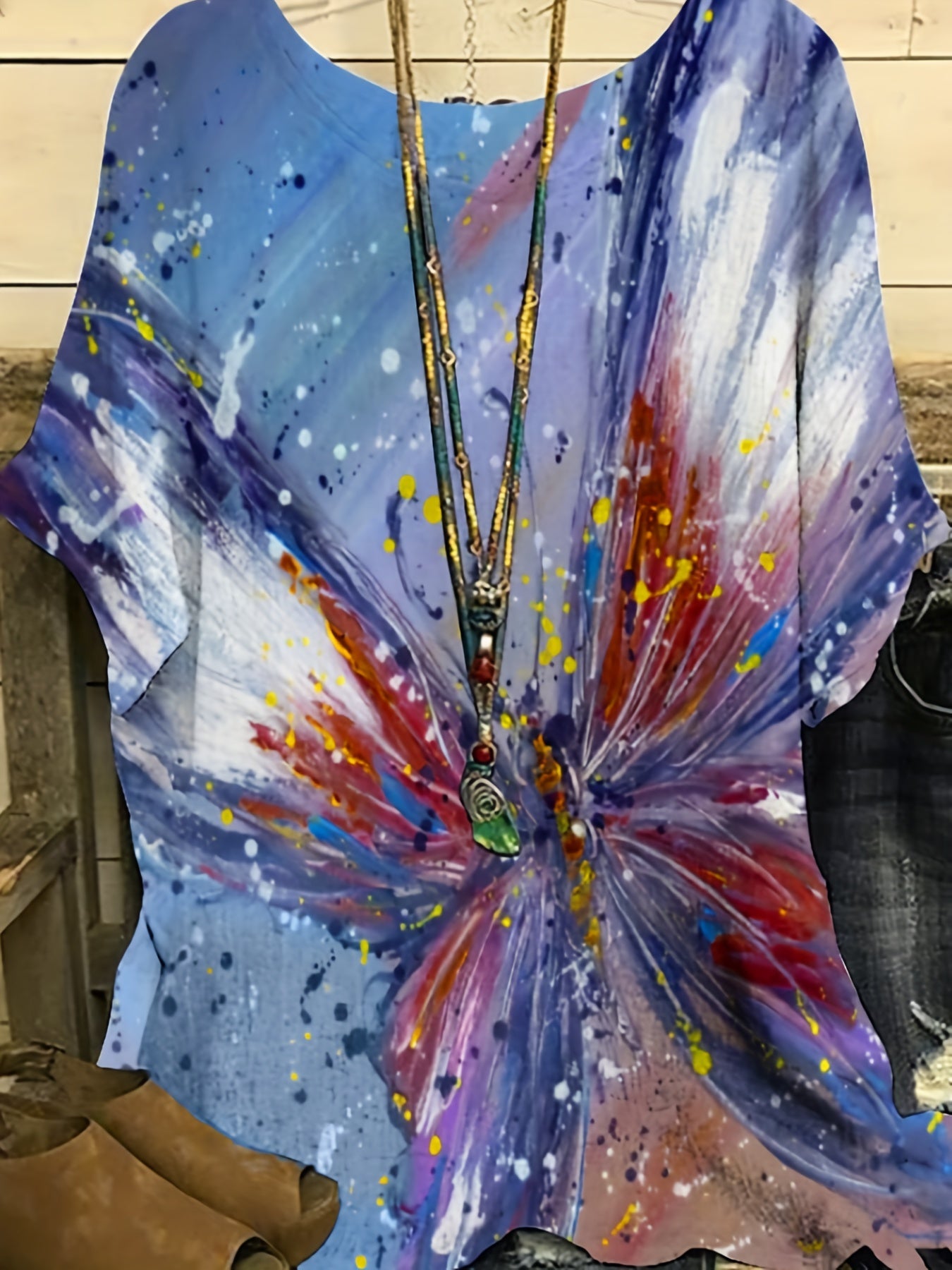  Tie Dye Butterfly Print Round Neck Short Sleeve Blouse