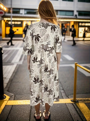  Leaf Print Half Sleeve Round Neck Dress