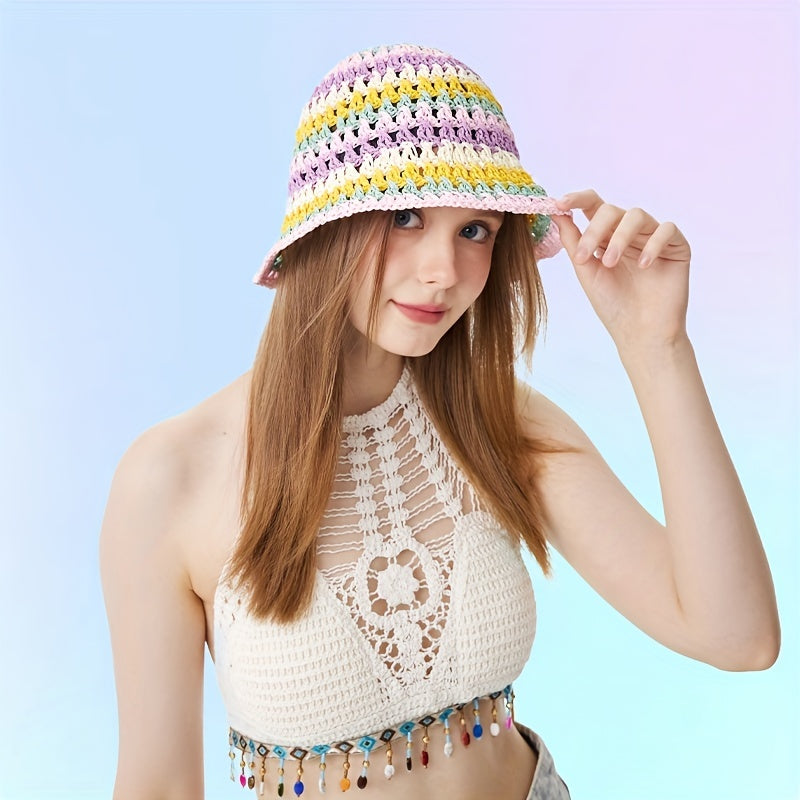 Rainbow Striped Crochet Bucket Hat Hollow Out Straw Sun Hat