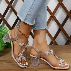 Women's Butterfly Chunky Heels Open Toe Slip On Sandals