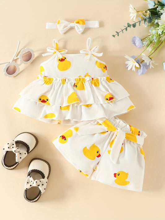 3pcs Baby Girls Duck Pattern Camisole Top & Shorts Set