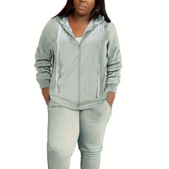Women's Plus Size Sporty Outfit: Hooded Zipper Coat & Sweatpant