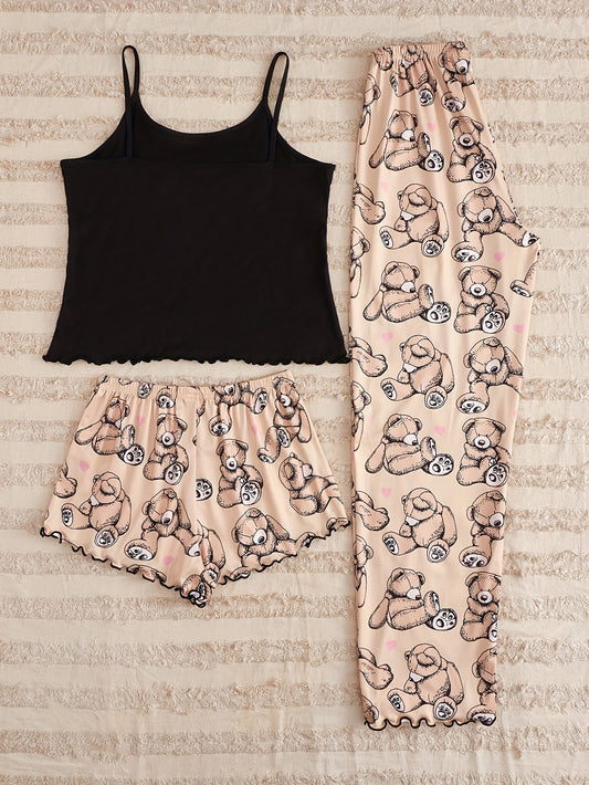 Bear Print Pajama Set Cami Top & Shorts & Pants