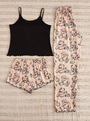 Bear Print Pajama Set Cami Top & Shorts & Pants