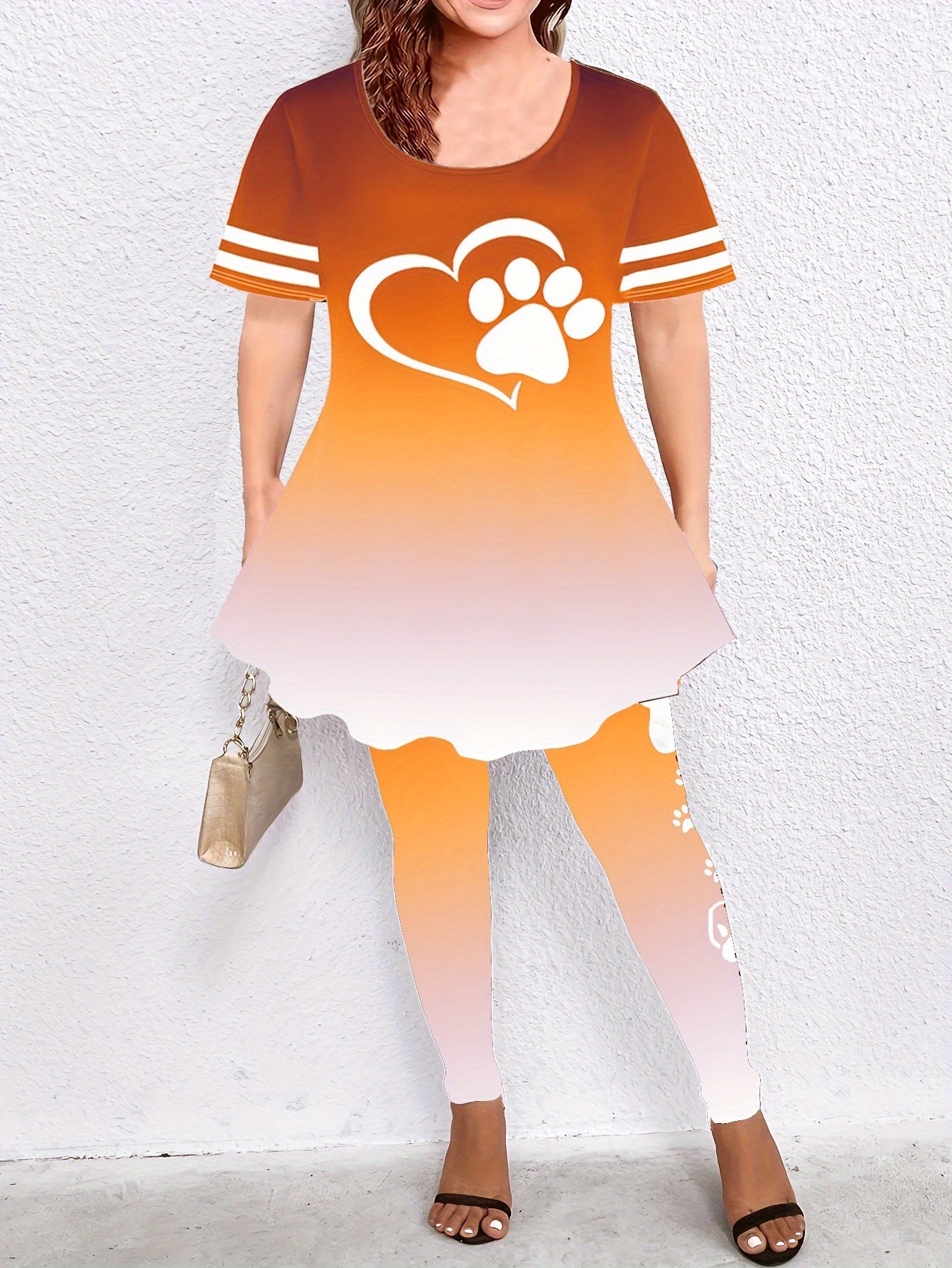  Paw Heart Print Top & Leggings Outfit Set for Women