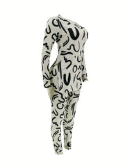 Abstract Print Two piece Set Off Shoulder Top & Pants