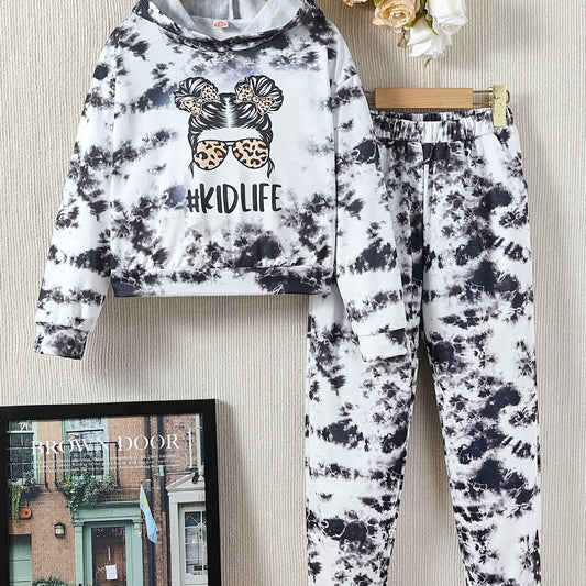Girl's Marble Pattern 2pcs Hoodie & Sweatpants Set