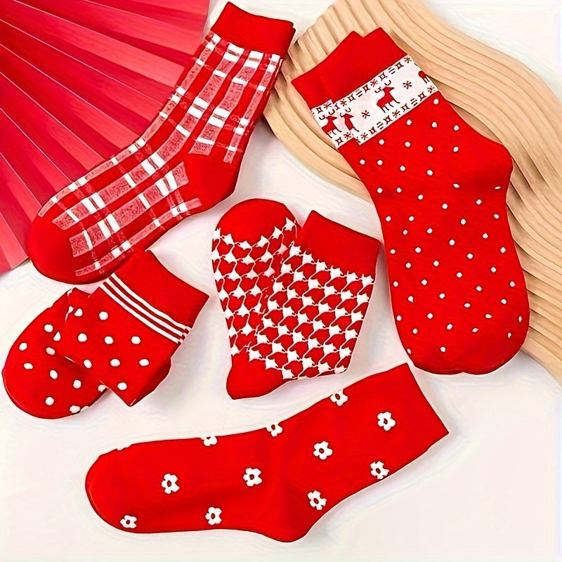5 Pairs Floral & Polka Dot Socks Soft Mid Tube Women's Stockings