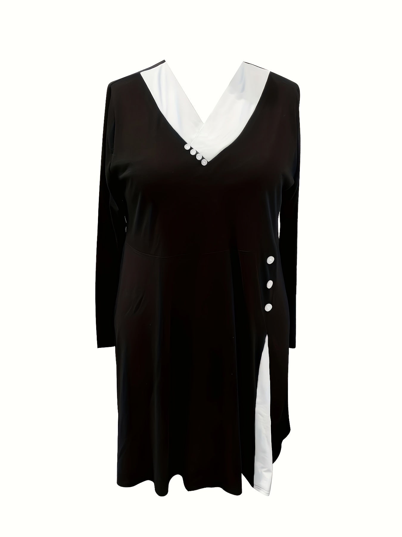  Colorblock Button Long Sleeve Dress With Pockets