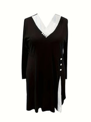  Colorblock Button Long Sleeve Dress With Pockets