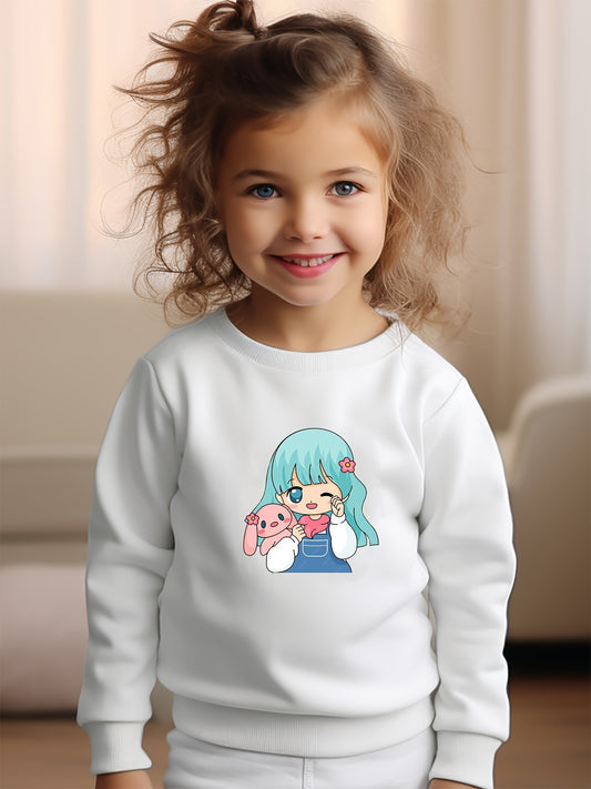 Girls Girl Pattern Crew Neck Long Sleeve Sweatshirt For Spring Fall