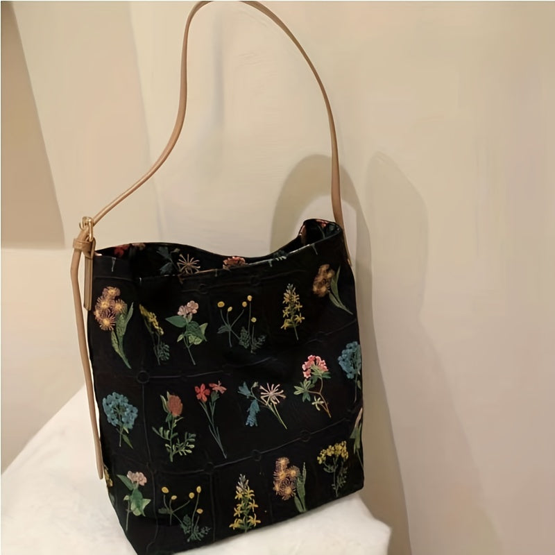 Vintage Flower Canvas Tote Bag Large Capacity Shoulder Bag