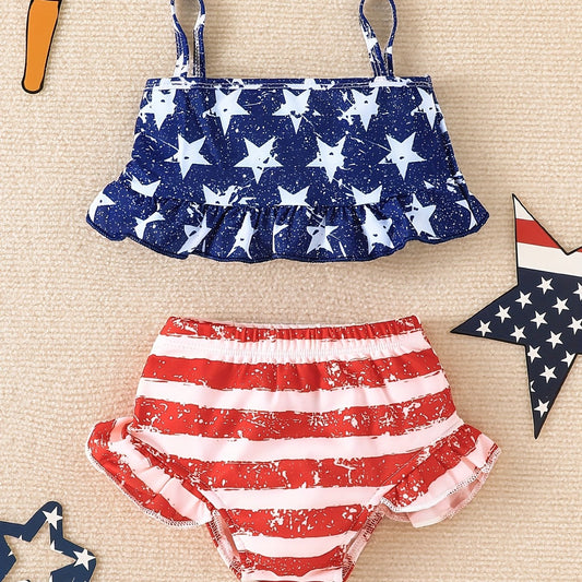 Girls Star Print Swimsuit Set with Cami Top & Ruffled Shorts