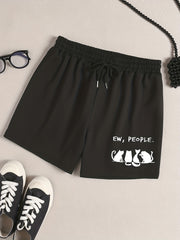  Cat & Letter Print Sporty Pajama Shorts
