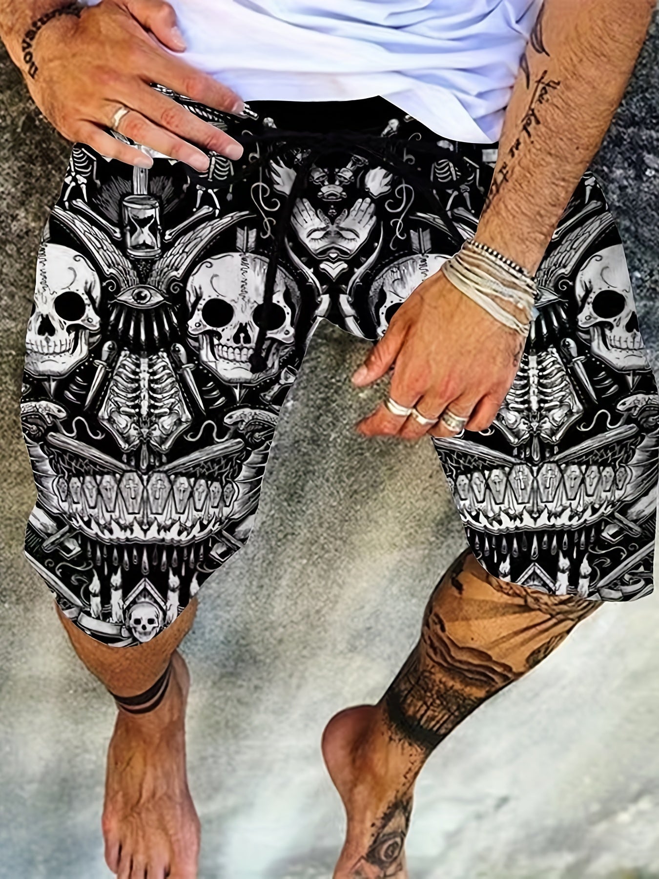 Men's Skull Graphic Active Drawstring Shorts for Summer