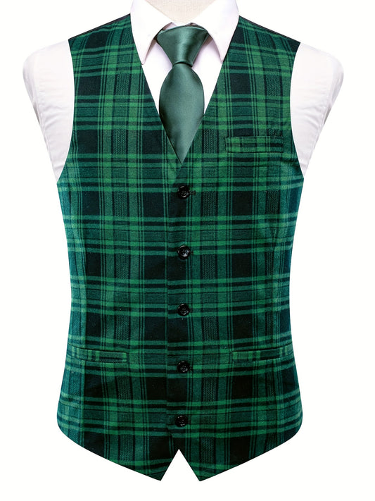Plaid V Neck Waistcoat Men's Retro Style Single Breasted Vest