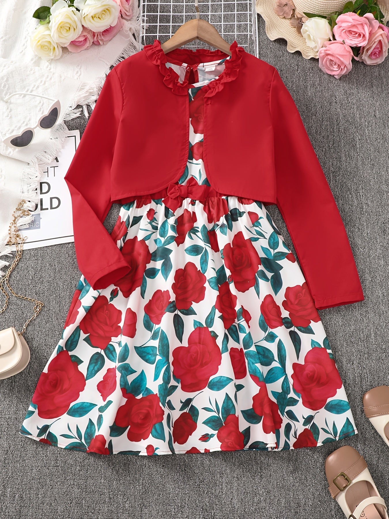 Girls Long Sleeve Top And Matching Rose Print Dress