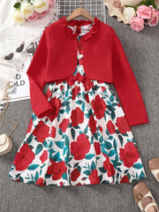Girls Long Sleeve Top And Matching Rose Print Dress