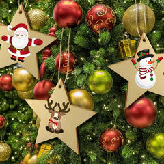 10pcs Natural Wooden Star Hollow Decoration with Hemp Rope for DIY Craft