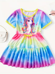 Kid Girls Unicorn Dress Short Sleeve Casual Kids Outfit