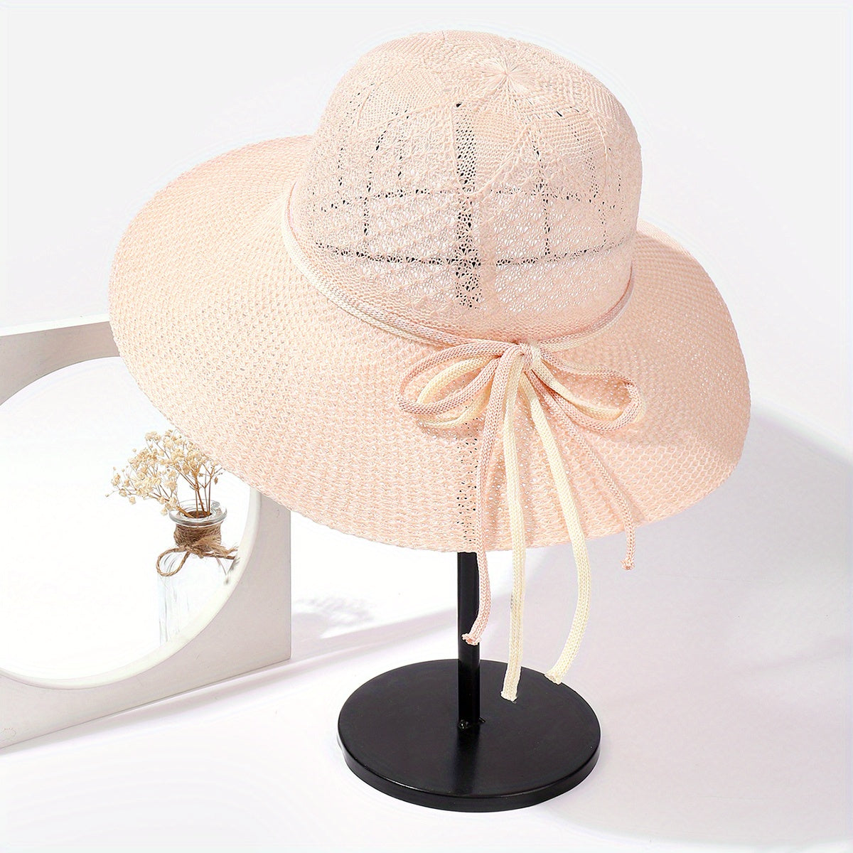 Crochet Sun Hat Hollow Out Basin Hat Rope Bowknot Travel Beach Hat