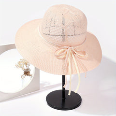 Crochet Sun Hat Hollow Out Basin Hat Rope Bowknot Travel Beach Hat