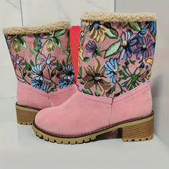 Ethnic Style Flower Pattern Chunky Snow Boots Plush Lined Thermal Snow Shoes