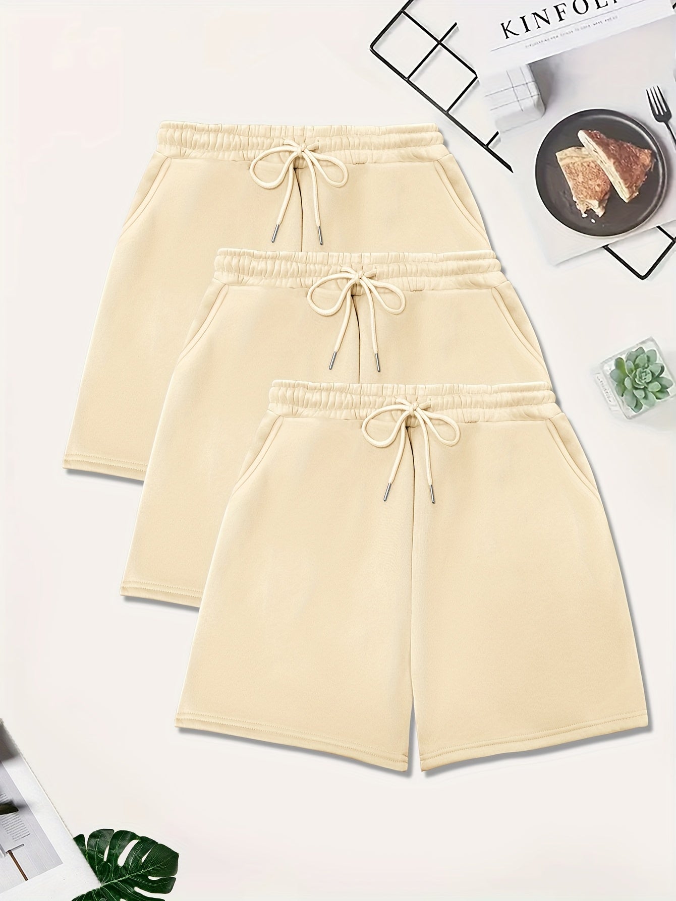 3-Pack Plus Size Casual Shorts Set Women's Plus Elastic Drawstring Fleece