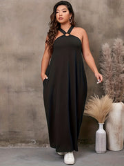  Halter Neck Maxi Dress With Cut Out Back & Pockets