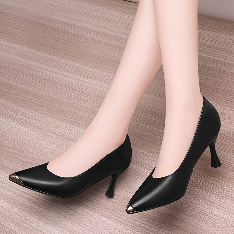 Metal Pointed Toe Kitten Heels Soft Leather Stiletto Pumps