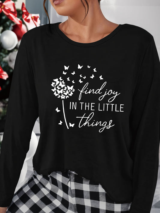 Letter Print Lounge Tops Long Sleeve Crew Neck Top Women's Loungewear