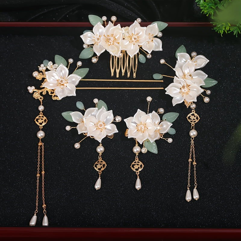 5pcs Chinese Hairpin Bridal Set Floral Tassel Hanfu Hair Accessory
