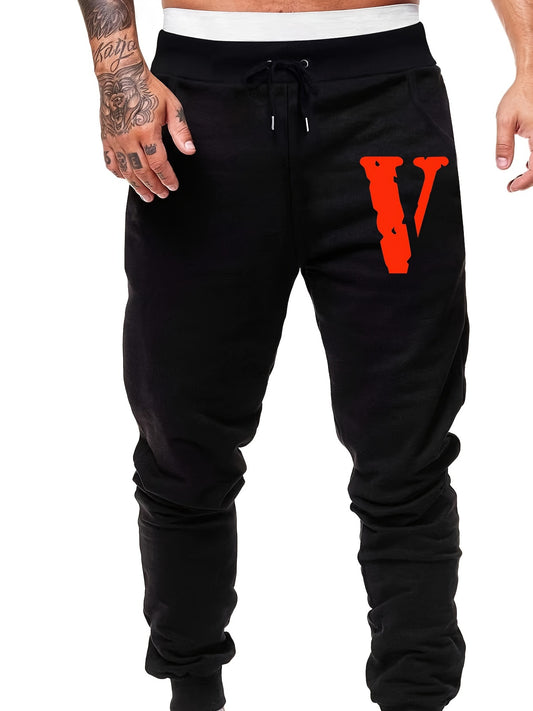 Men s Big V Print Drawstring Sweatpants Elastic Waist Jogger Pants