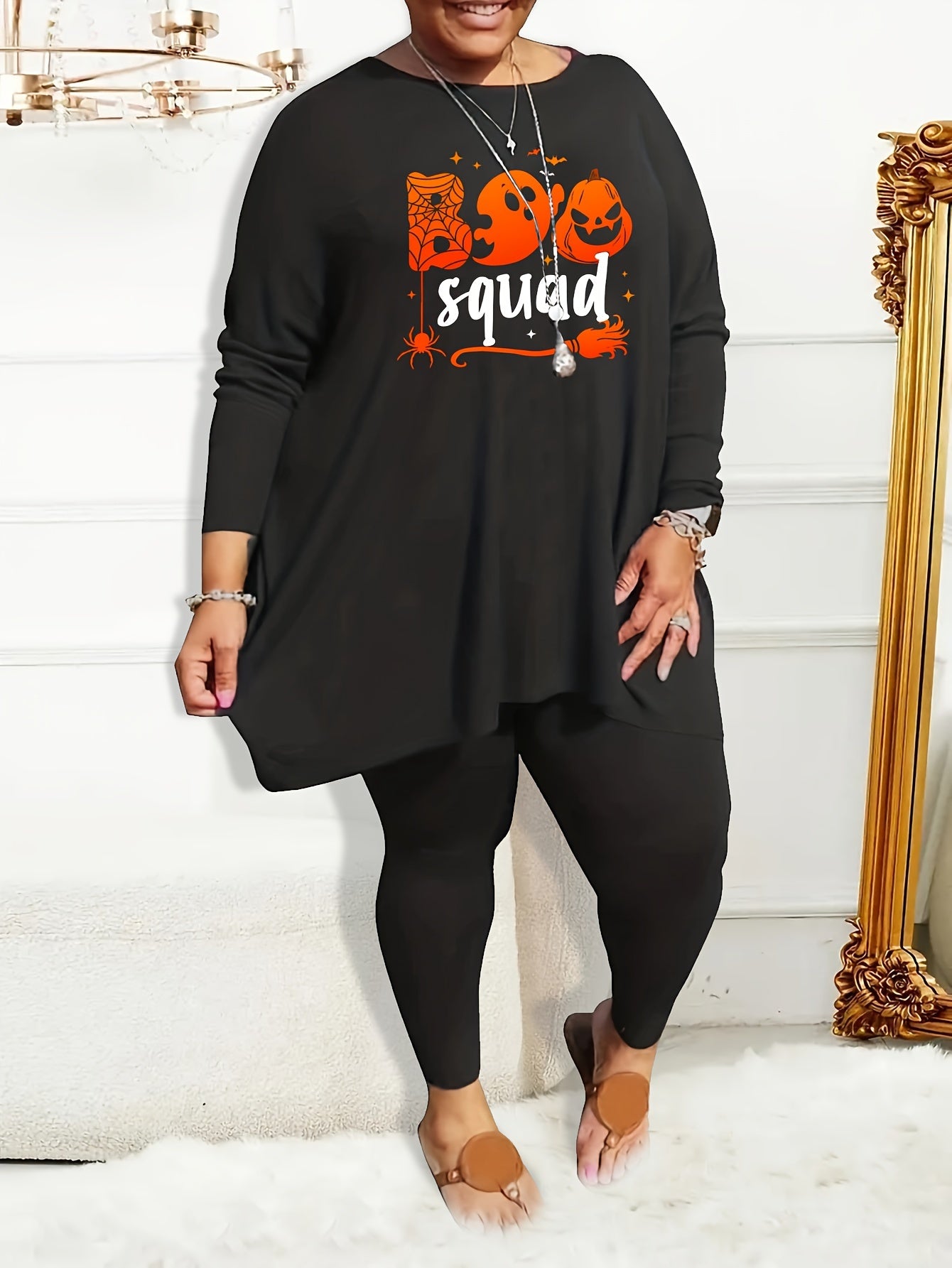 Women's Plus Halloween Pajama Set Ghost & Pumpkin Print Tee & Leggings Two Piece