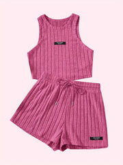 Ribbed Two Piece Set Tank Top & Drawstring Shorts