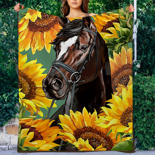 Horse Sunflower Painting Pattern Blanket Soft Cozy Flannel Lightweight Blanket