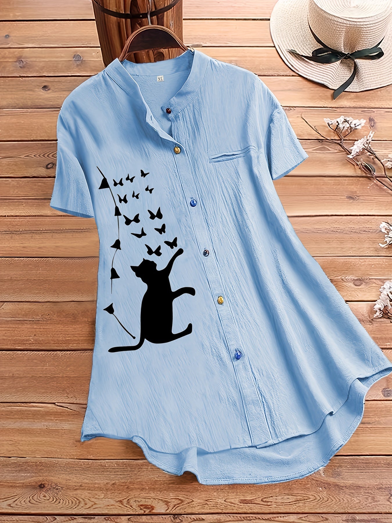  Cat Print Short Sleeve Button Shirt