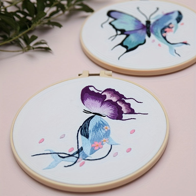 4pcs Whale & Butterfly Embroidery Kit for Beginners, Hoop, Threads, Needles