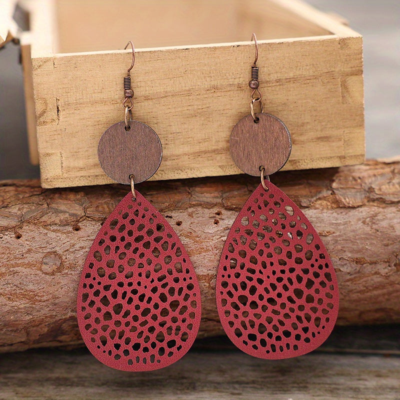 Hollow Leaf PU Leather Earrings Party Vacation Gift