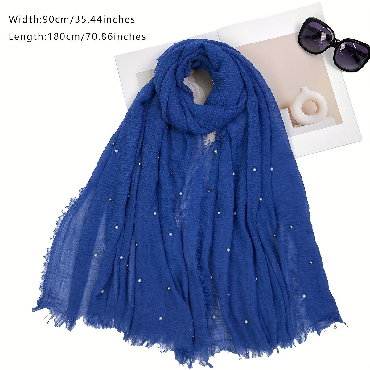 Solid Raw Trim Rushed Scarf Faux Pearl Decor Shawl Wrap