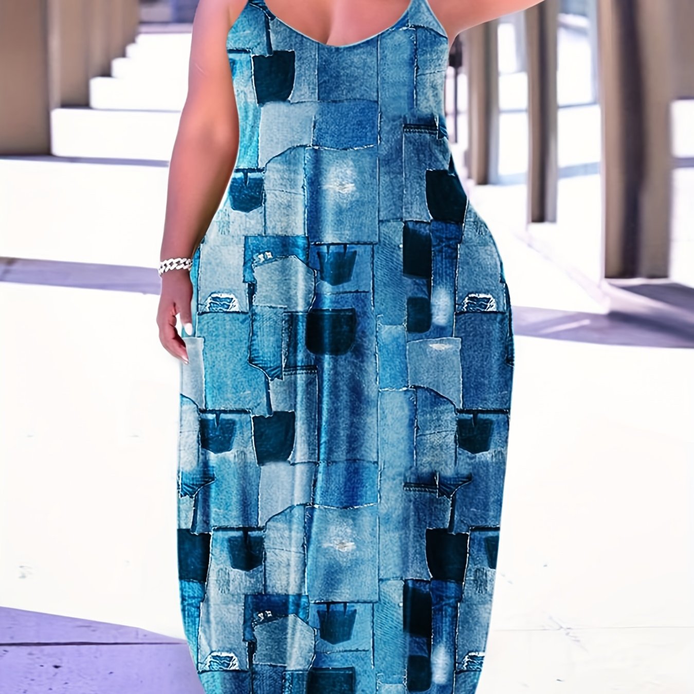 Plus Denim Print V Neck Loose Fit Maxi Dress