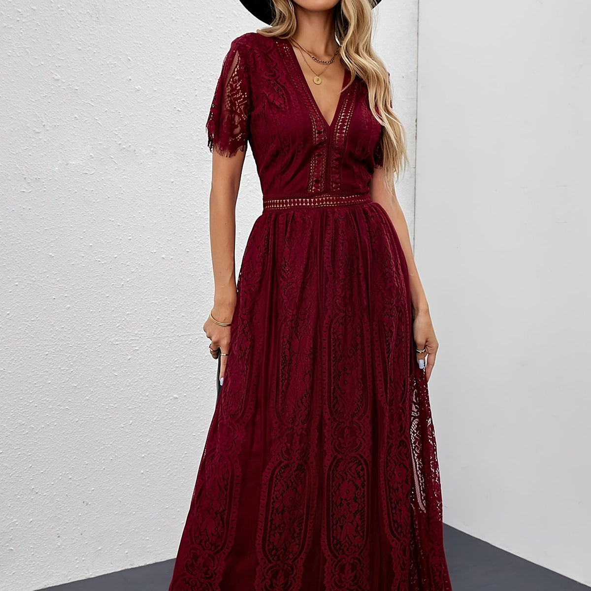 Lace Solid Short Sleeve Ankle Dress for Party Women's Clothing