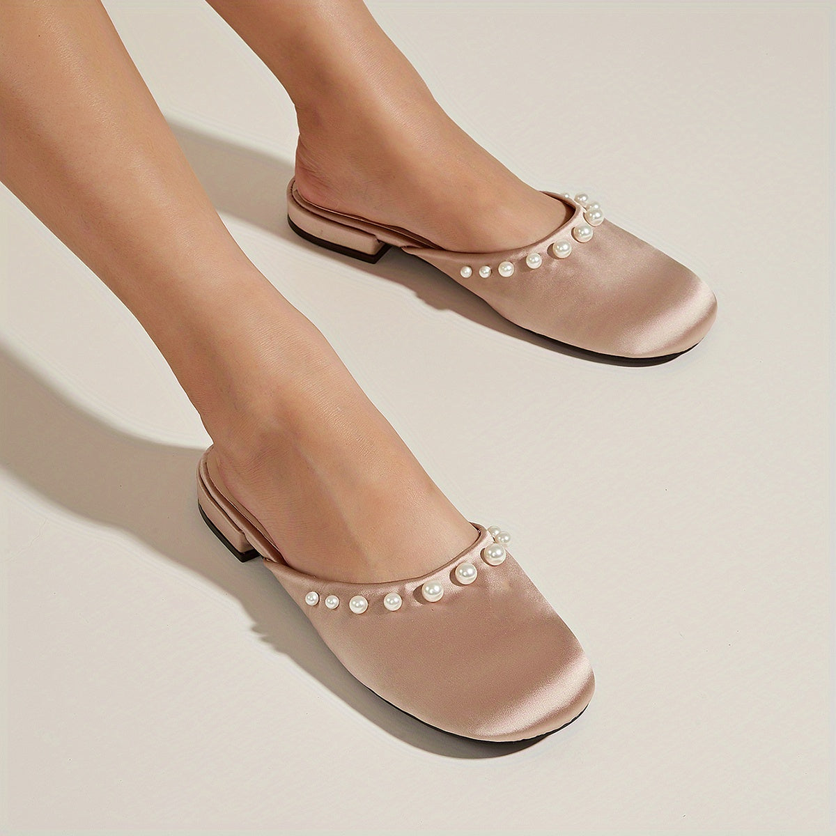 Pearl Decor Satin Mules Closed Toe Backless Loafers
