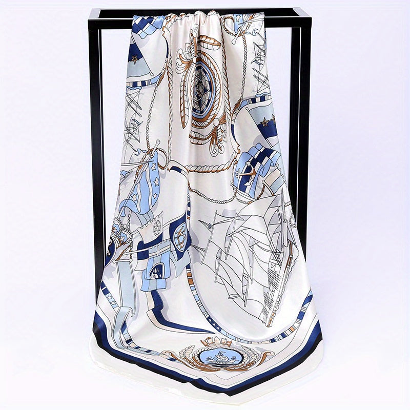 Sailboat Print Silk Square Scarf Windproof Head Wrap Sunscreen Travel Towel