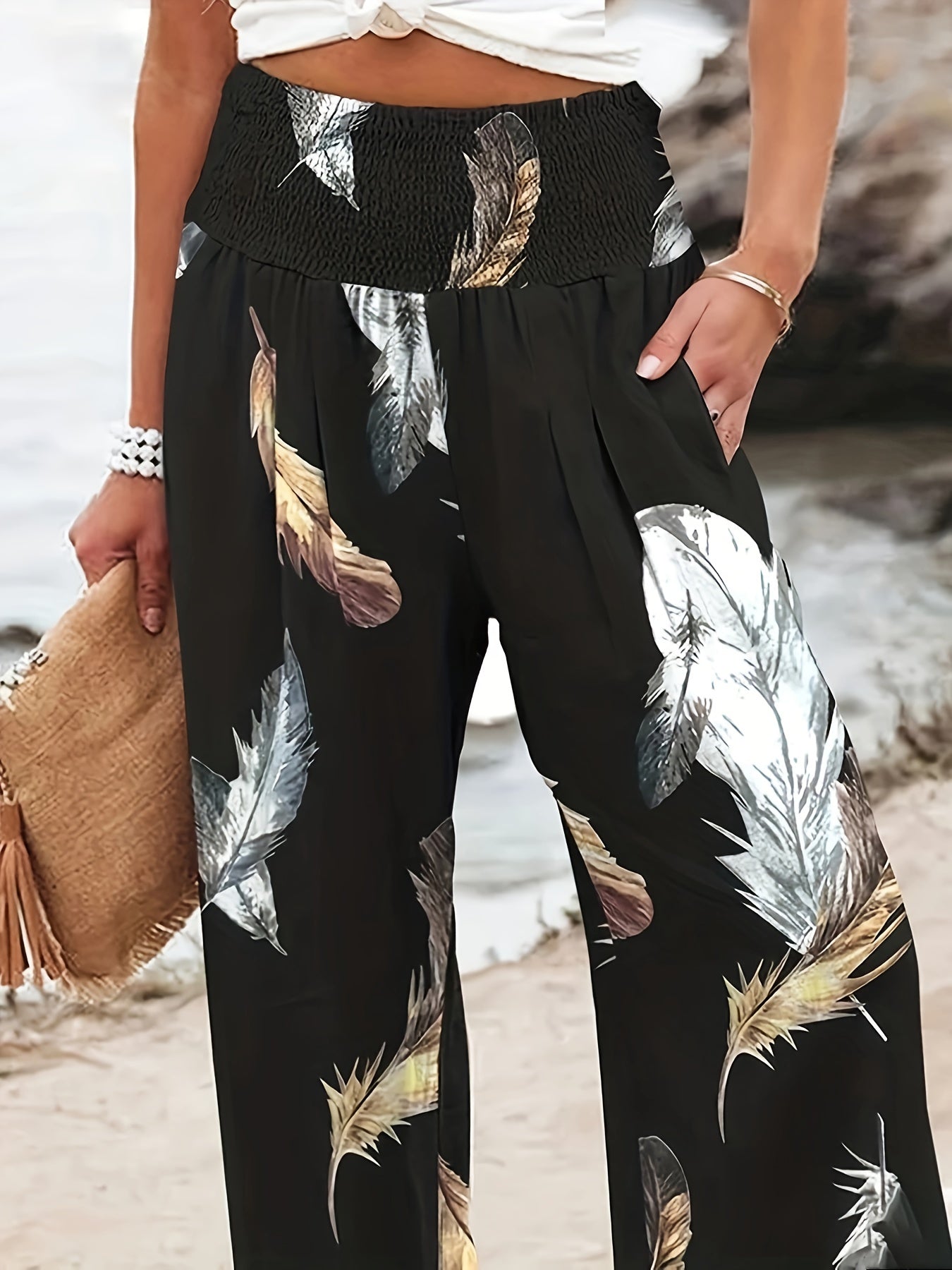 Feather Print Shirred Waist Wide Leg Trousers