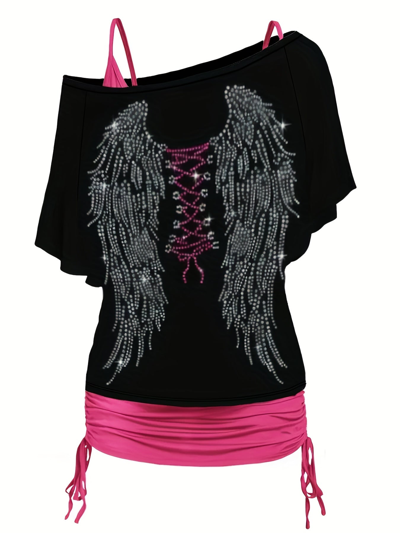 Gothic Bodycon 2pc Set Wings Pattern Slanted Shoulder Tops & Dress