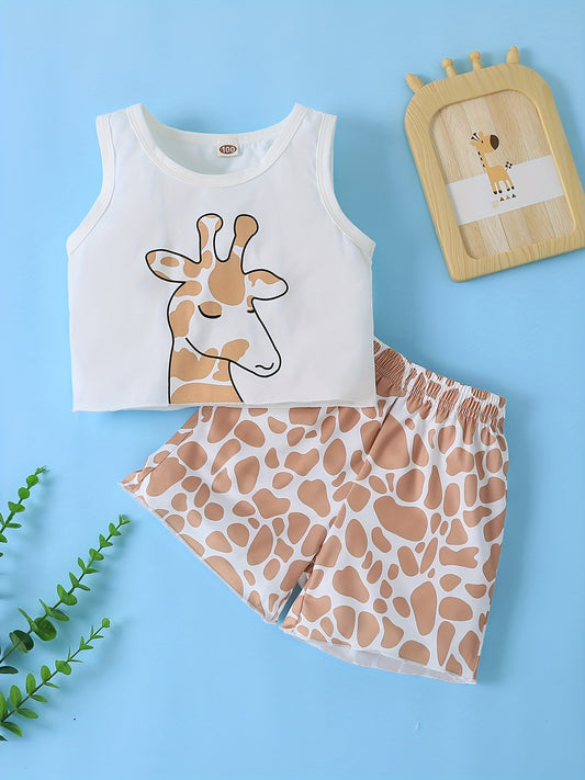 2pcs Giraffe Graphic Tank Crop Top & Shorts Set for Toddler Girls