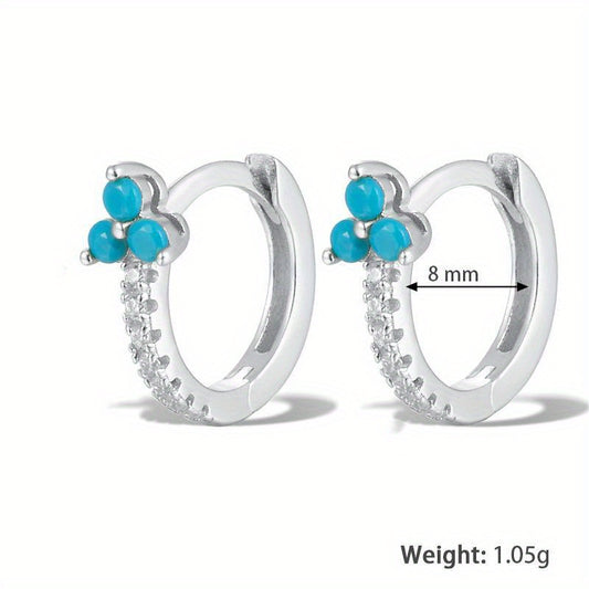 Turquoise Flower Hoop Cuff Earrings S925 Silver for Sensitive Ears