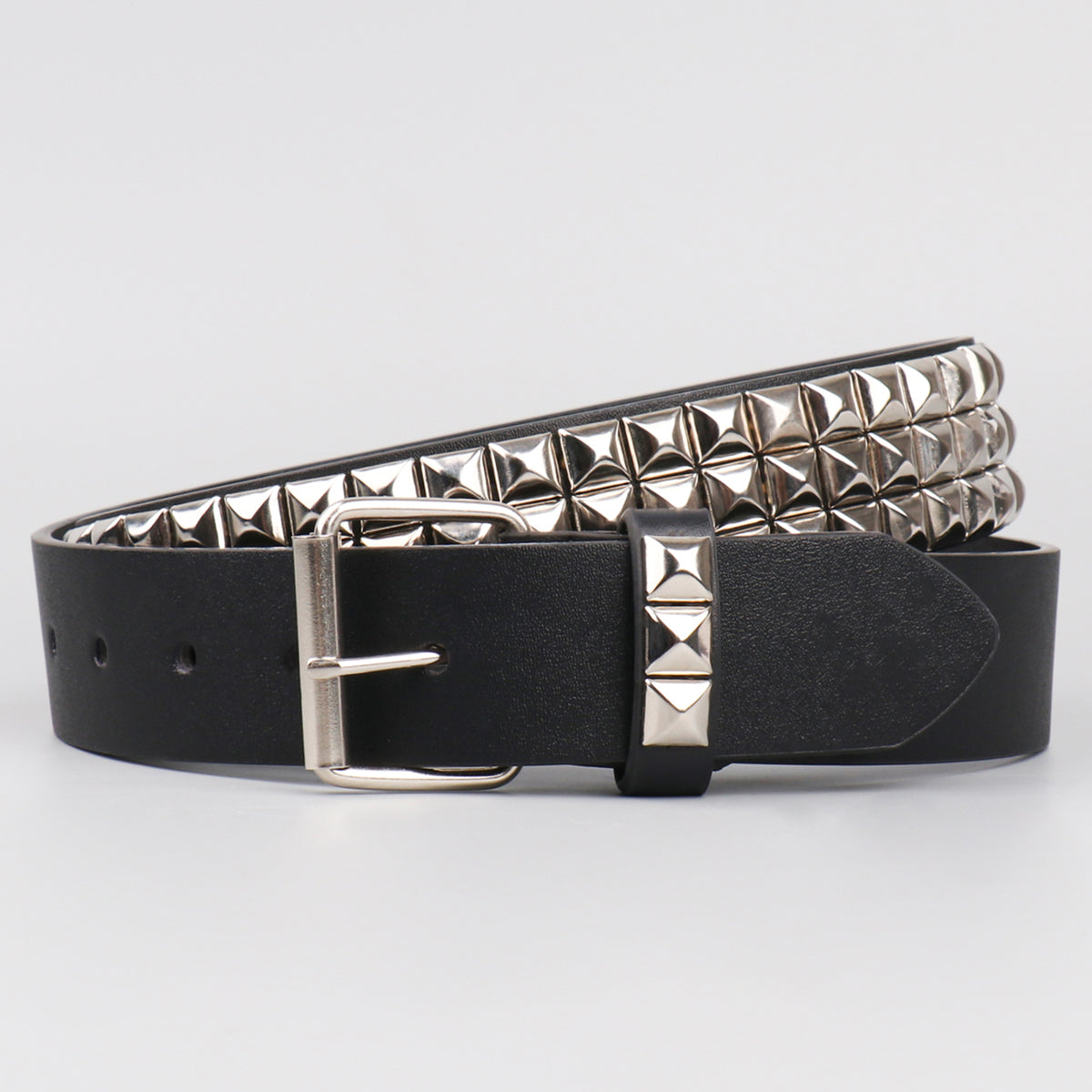 Pyramid Men's Belt - Genuine Leather Black Dress Belt with Silver Buckle